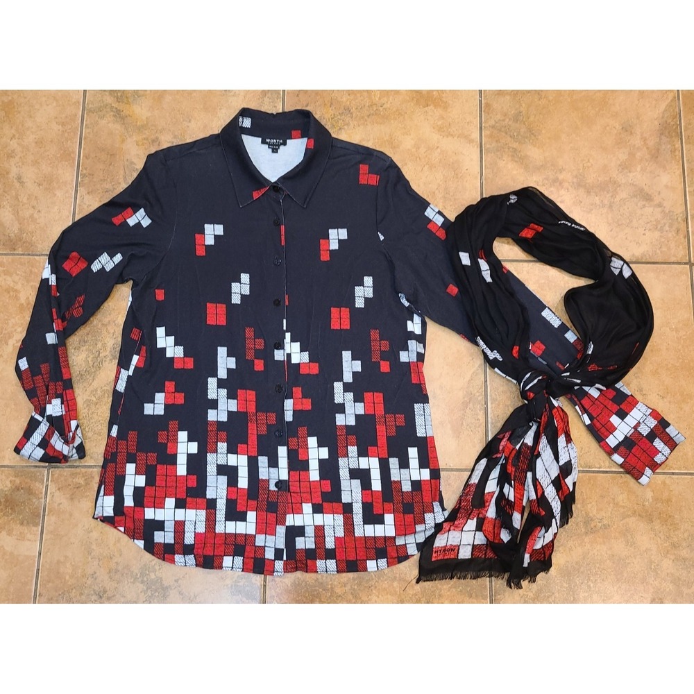 W by Worth Women's Geometric Long Sleeve Black Red Blouse and Scarf Classy Lg